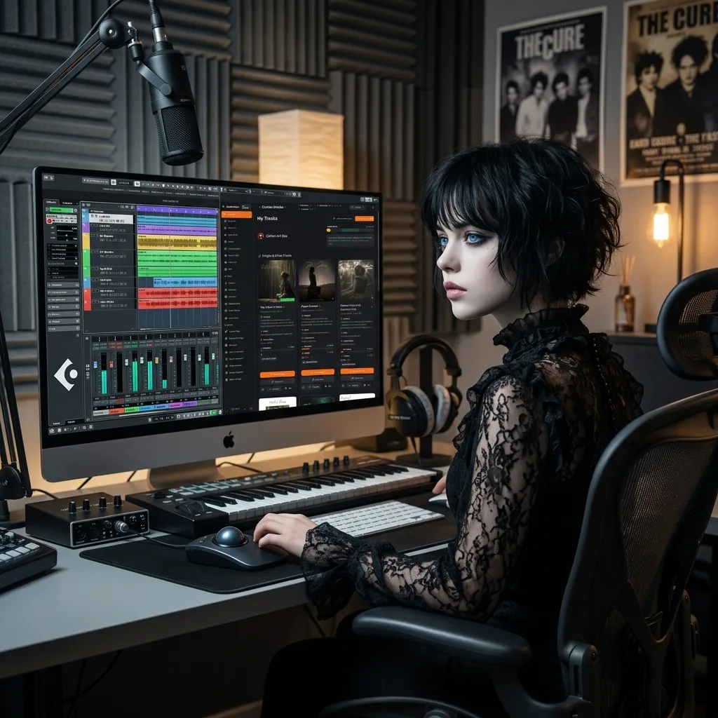 Young independent musician working in a studio with IndieRocket on screen